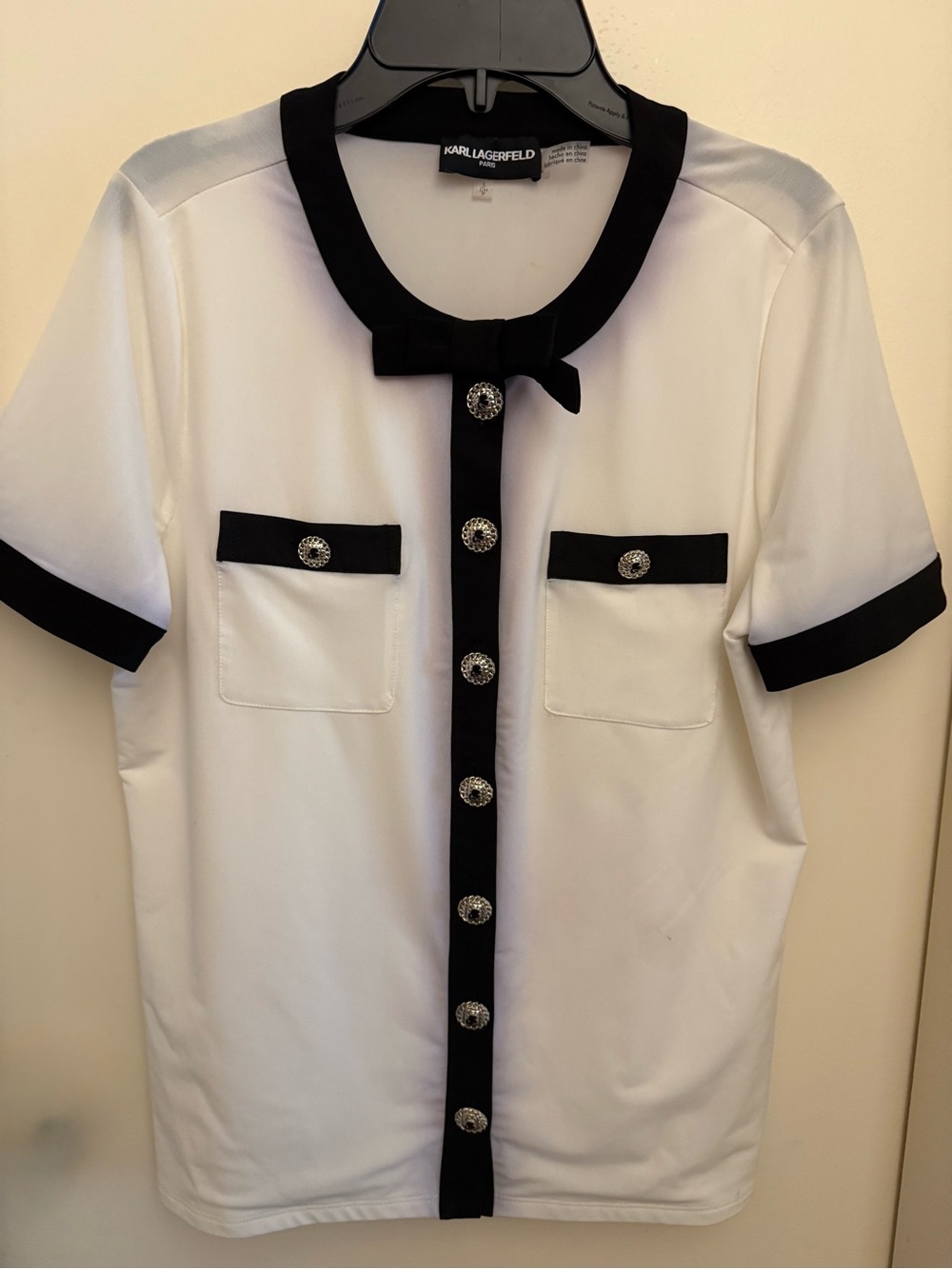 Karl Lagerfeld Black and White Bow-Front Blouse with Jeweled Button
